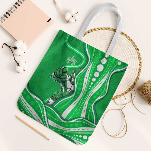 Melbourne Stars Tote Bag Aboriginal Dot Art Green White - Tribal Wave Pattern