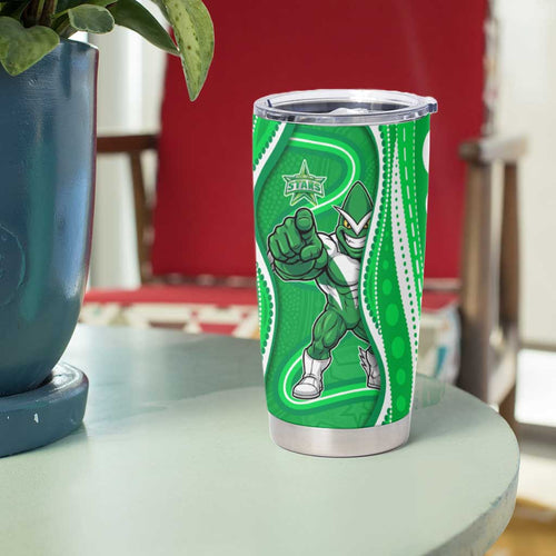 Melbourne Stars Tumbler Cup Aboriginal Dot Art Green White - Tribal Wave Pattern