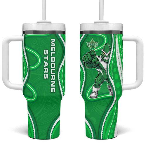 Melbourne Stars Tumbler With Handle Aboriginal Dot Art Green White - Tribal Wave Pattern