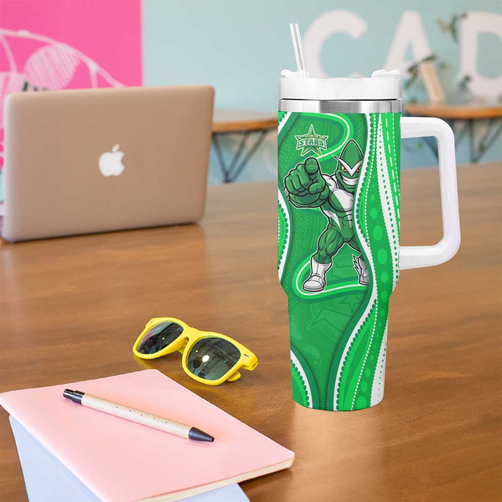 Melbourne Stars Tumbler With Handle Aboriginal Dot Art Green White - Tribal Wave Pattern