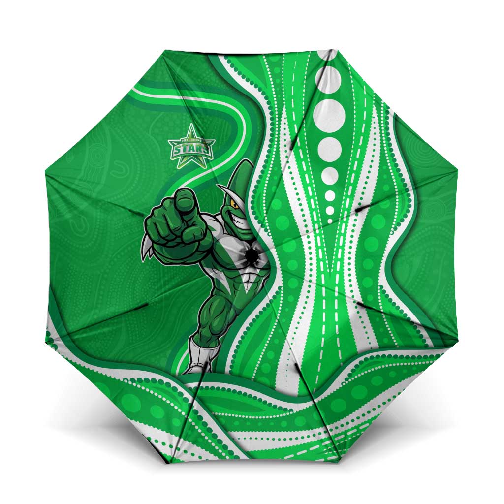 Melbourne Stars Umbrella Aboriginal Dot Art Green White - Tribal Wave Pattern