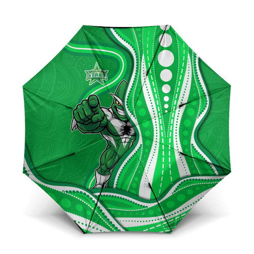 Melbourne Stars Umbrella Aboriginal Dot Art Green White - Tribal Wave Pattern