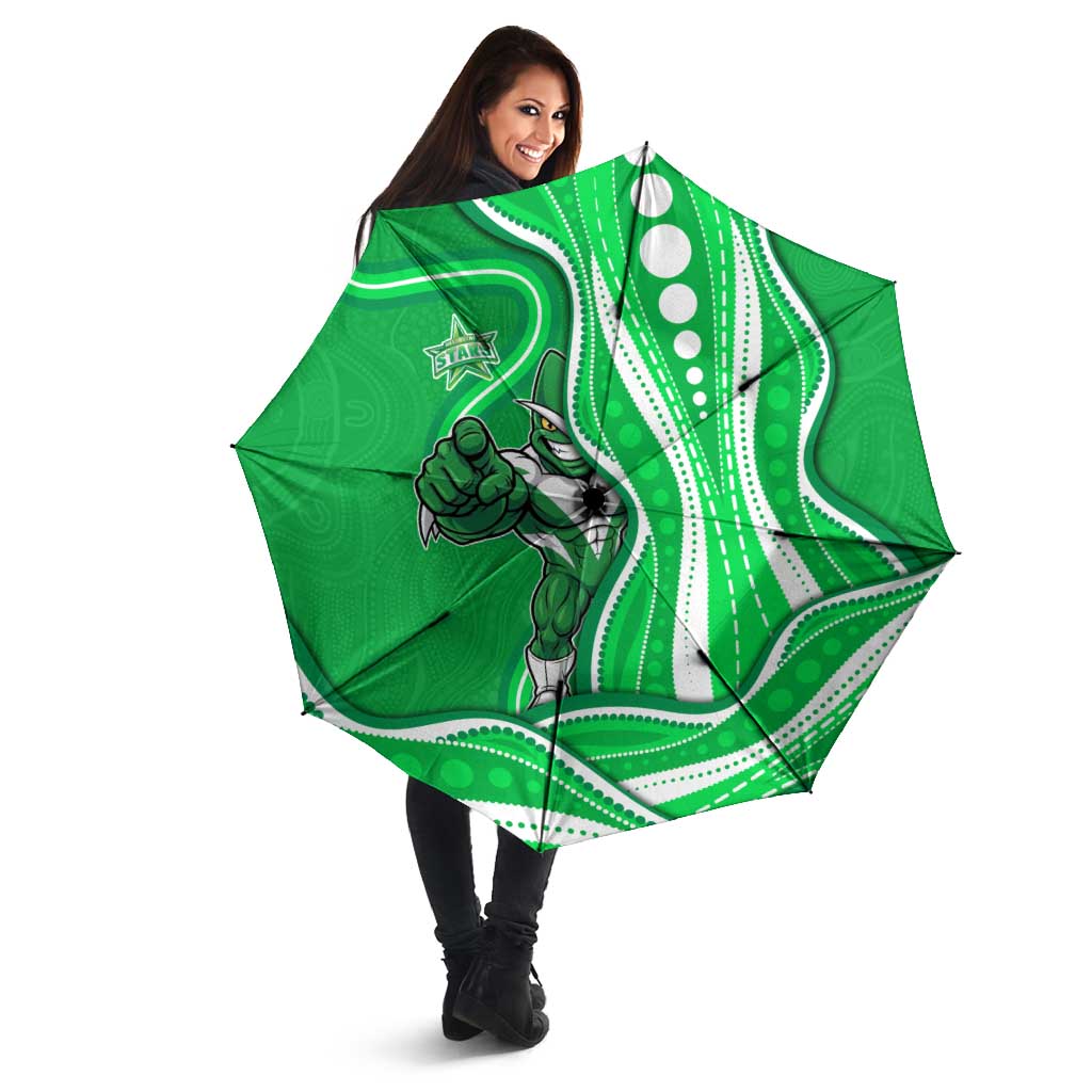 Melbourne Stars Umbrella Aboriginal Dot Art Green White - Tribal Wave Pattern