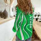 Melbourne Stars Women Casual Shirt Aboriginal Dot Art Green White - Tribal Wave Pattern