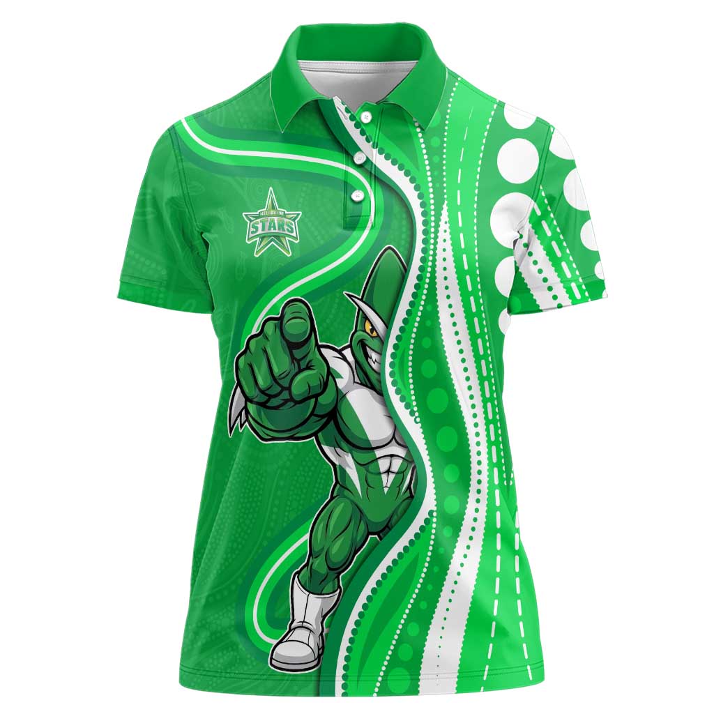 Melbourne Stars Women Polo Shirt Aboriginal Dot Art Green White - Tribal Wave Pattern