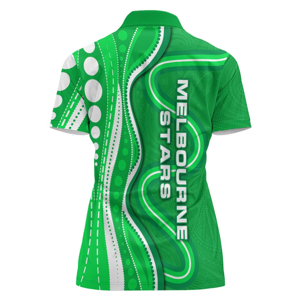 Melbourne Stars Women Polo Shirt Aboriginal Dot Art Green White - Tribal Wave Pattern