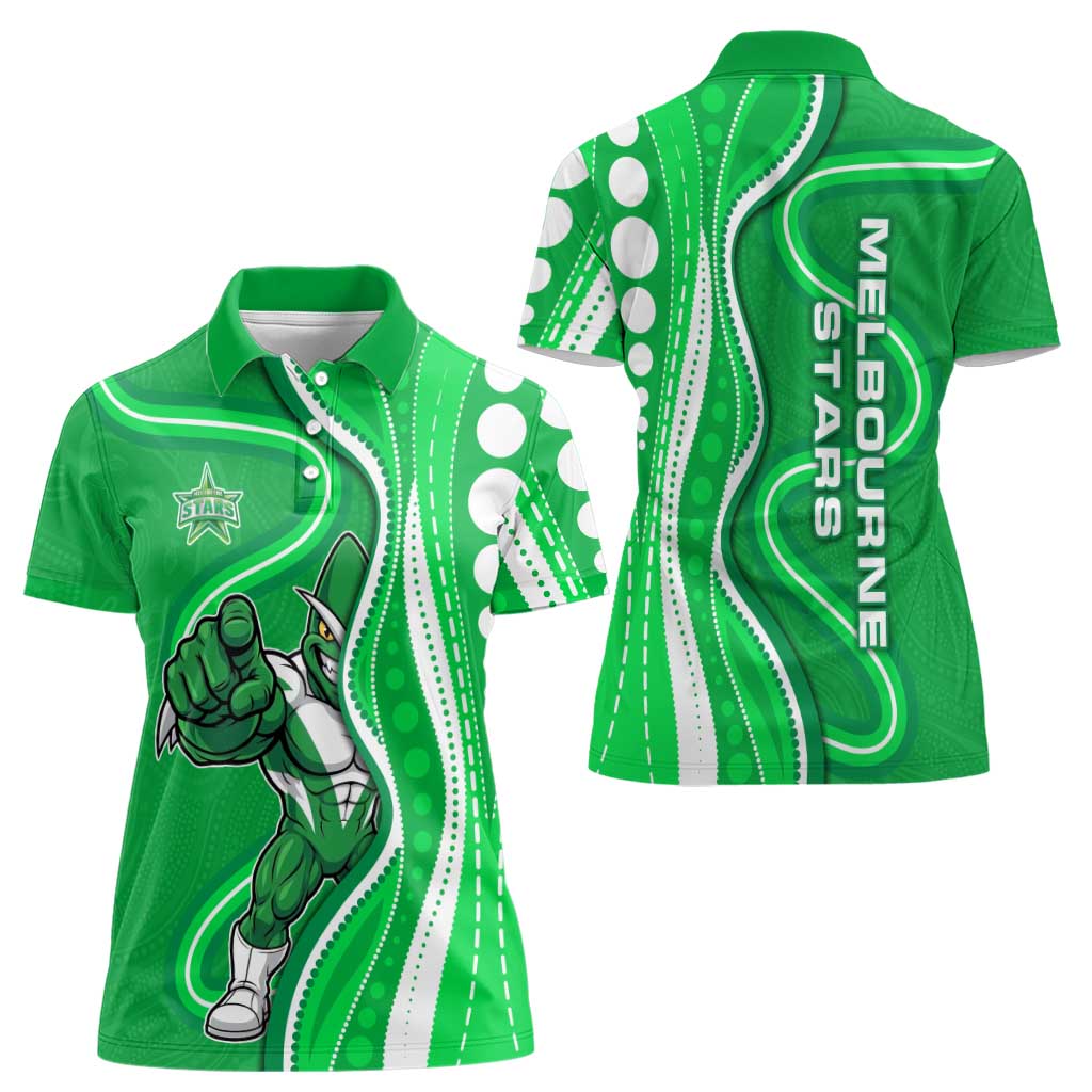 Melbourne Stars Women Polo Shirt Aboriginal Dot Art Green White - Tribal Wave Pattern