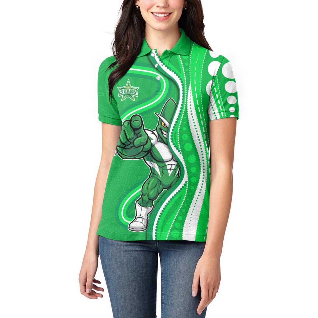 Melbourne Stars Women Polo Shirt Aboriginal Dot Art Green White - Tribal Wave Pattern