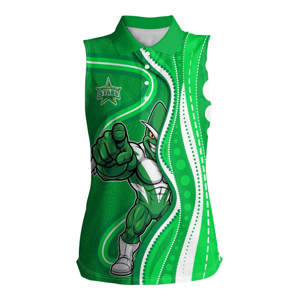 Melbourne Stars Women Sleeveless Polo Shirt Aboriginal Dot Art Green White - Tribal Wave Pattern