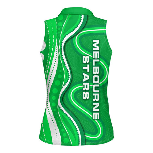 Melbourne Stars Women Sleeveless Polo Shirt Aboriginal Dot Art Green White - Tribal Wave Pattern
