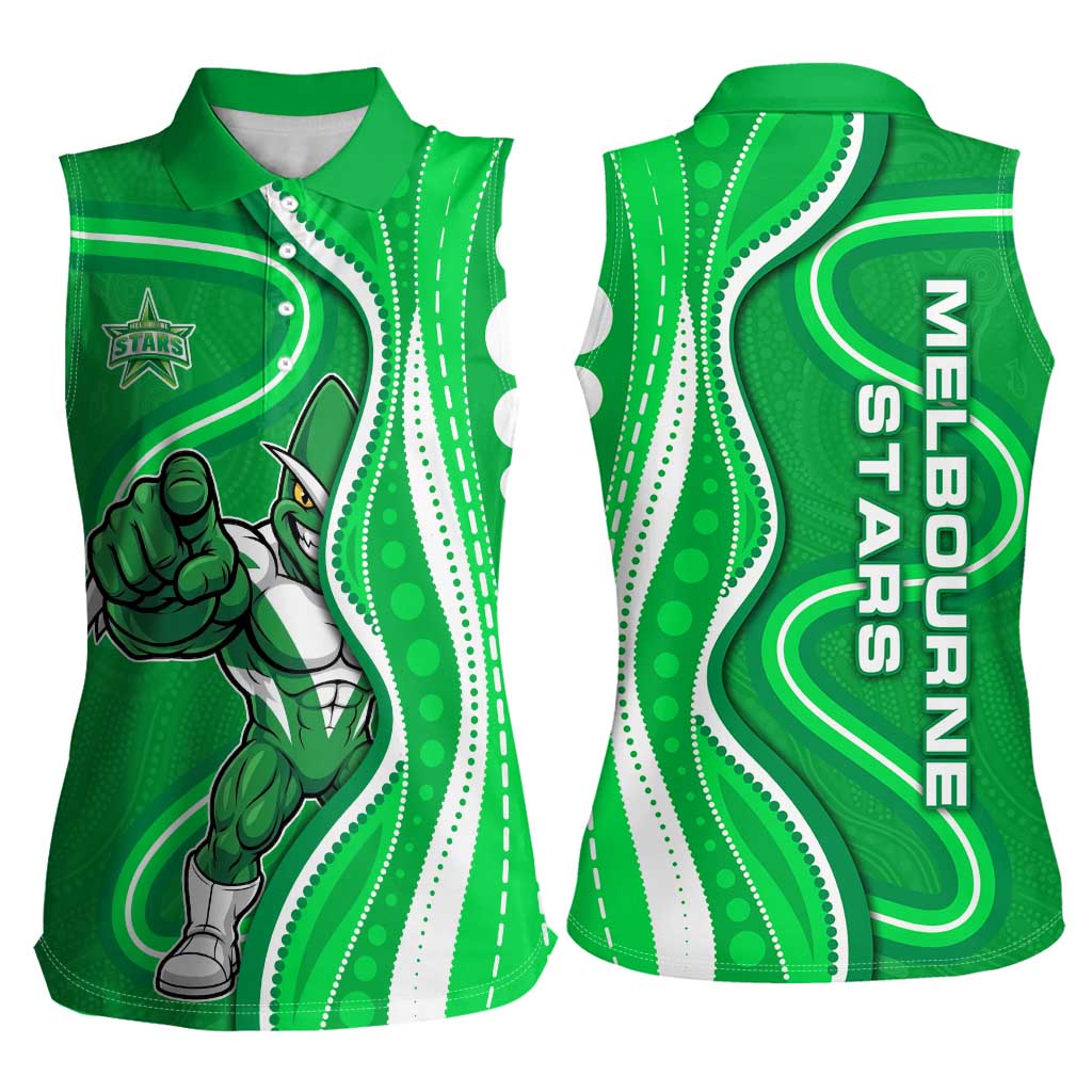 Melbourne Stars Women Sleeveless Polo Shirt Aboriginal Dot Art Green White - Tribal Wave Pattern