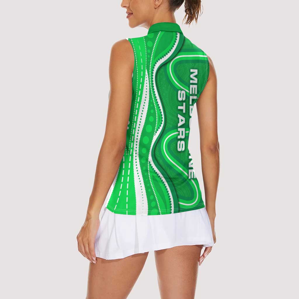 Melbourne Stars Women Sleeveless Polo Shirt Aboriginal Dot Art Green White - Tribal Wave Pattern