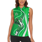 Melbourne Stars Women Sleeveless Polo Shirt Aboriginal Dot Art Green White - Tribal Wave Pattern