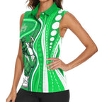 Melbourne Stars Women Sleeveless Polo Shirt Aboriginal Dot Art Green White - Tribal Wave Pattern