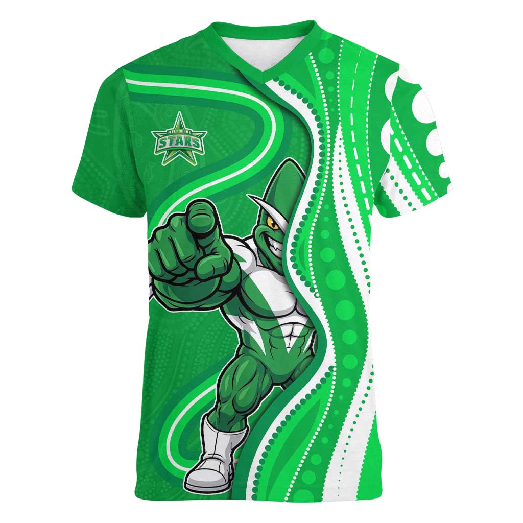 Melbourne Stars Women V-Neck T-Shirt Aboriginal Dot Art Green White - Tribal Wave Pattern