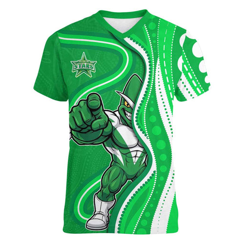 Melbourne Stars Women V-Neck T-Shirt Aboriginal Dot Art Green White - Tribal Wave Pattern