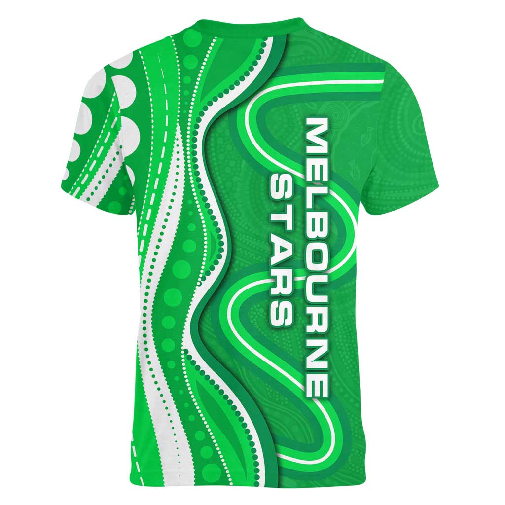 Melbourne Stars Women V-Neck T-Shirt Aboriginal Dot Art Green White - Tribal Wave Pattern