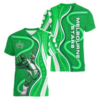 Melbourne Stars Women V-Neck T-Shirt Aboriginal Dot Art Green White - Tribal Wave Pattern