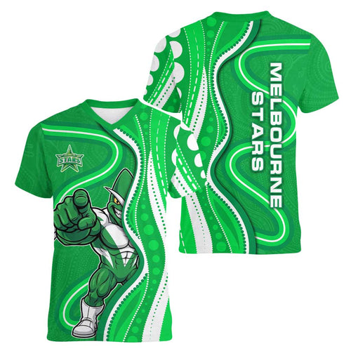 Melbourne Stars Women V-Neck T-Shirt Aboriginal Dot Art Green White - Tribal Wave Pattern