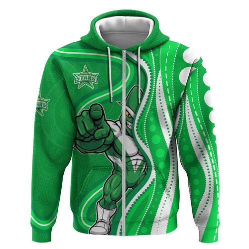 Melbourne Stars Zip Hoodie Aboriginal Dot Art Green White - Tribal Wave Pattern