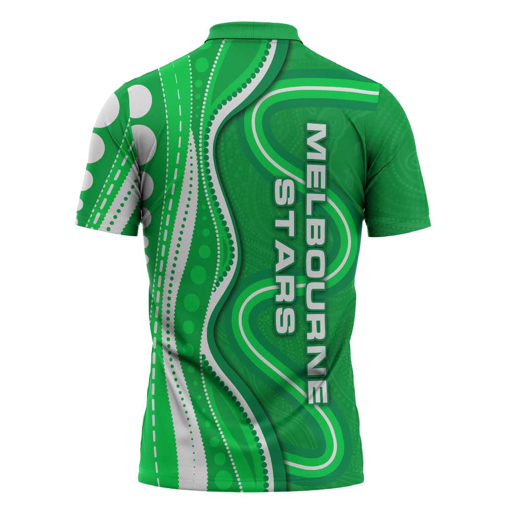 Melbourne Stars Zipper Polo Shirt Aboriginal Dot Art Green White - Tribal Wave Pattern