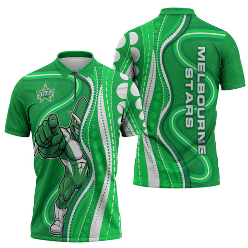 Melbourne Stars Zipper Polo Shirt Aboriginal Dot Art Green White - Tribal Wave Pattern