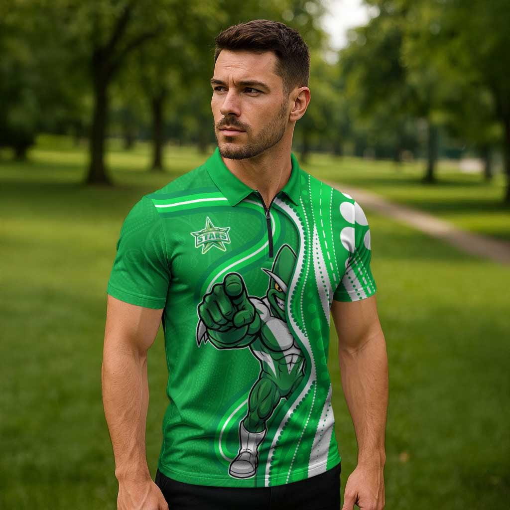 Melbourne Stars Zipper Polo Shirt Aboriginal Dot Art Green White - Tribal Wave Pattern