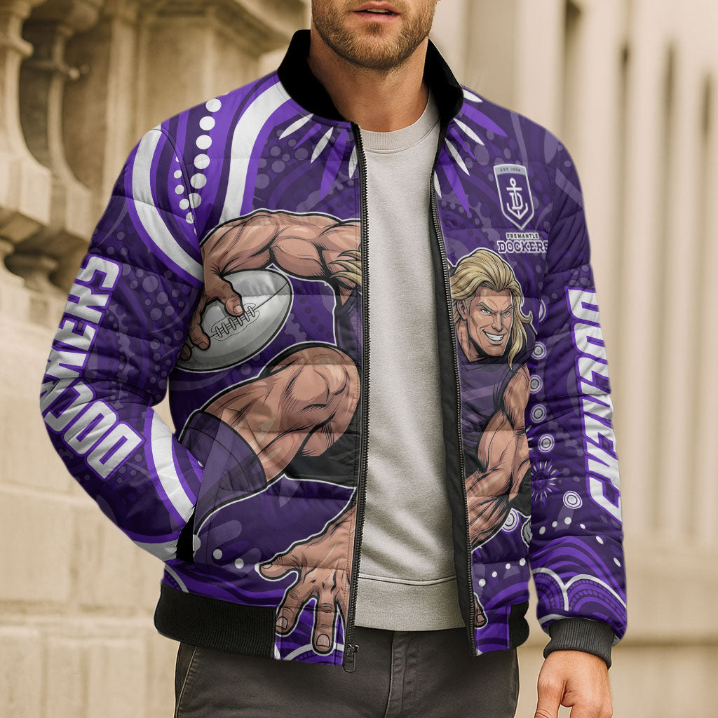 Personalized Fremantle Dockers Rugby Bomber Puffer Jacket Aboriginal Dot Art - Dreamtime Football Mascot