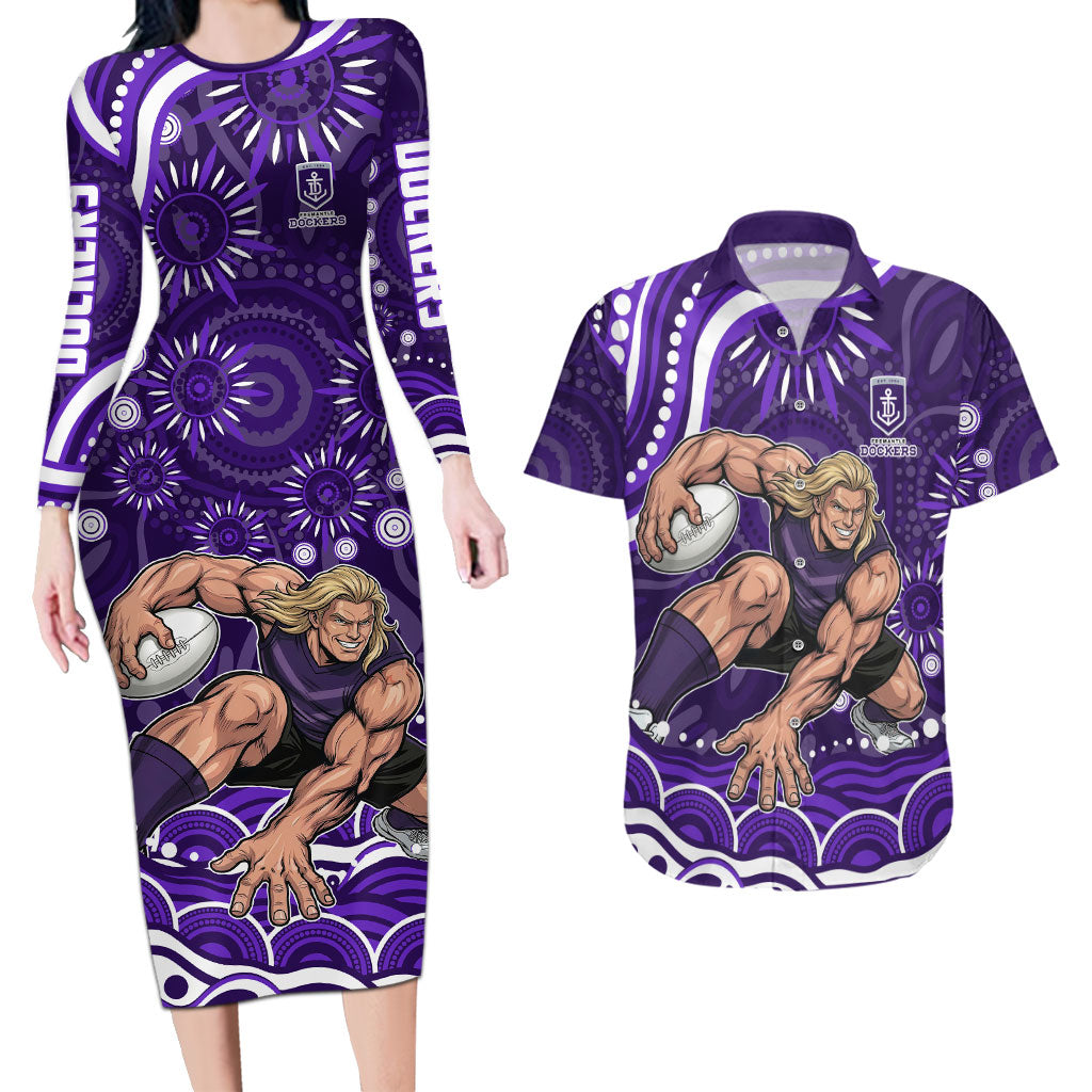 Personalized Fremantle Dockers Rugby Couples Matching Long Sleeve Bodycon Dress and Hawaiian Shirt Aboriginal Dot Art - Dreamtime Football Mascot