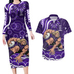 Personalized Fremantle Dockers Rugby Couples Matching Long Sleeve Bodycon Dress and Hawaiian Shirt Aboriginal Dot Art - Dreamtime Football Mascot