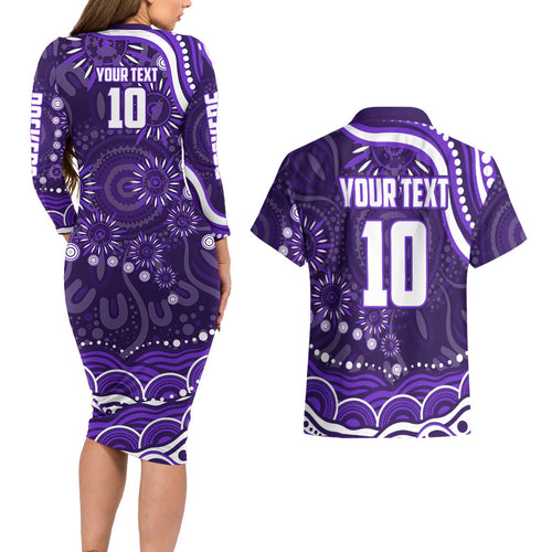 Personalized Fremantle Dockers Rugby Couples Matching Long Sleeve Bodycon Dress and Hawaiian Shirt Aboriginal Dot Art - Dreamtime Football Mascot