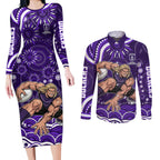 Personalized Fremantle Dockers Rugby Couples Matching Long Sleeve Bodycon Dress and Long Sleeve Button Shirt Aboriginal Dot Art - Dreamtime Football Mascot