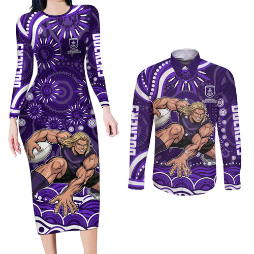 Personalized Fremantle Dockers Rugby Couples Matching Long Sleeve Bodycon Dress and Long Sleeve Button Shirt Aboriginal Dot Art - Dreamtime Football Mascot