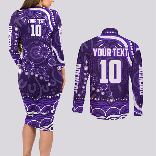 Personalized Fremantle Dockers Rugby Couples Matching Long Sleeve Bodycon Dress and Long Sleeve Button Shirt Aboriginal Dot Art - Dreamtime Football Mascot