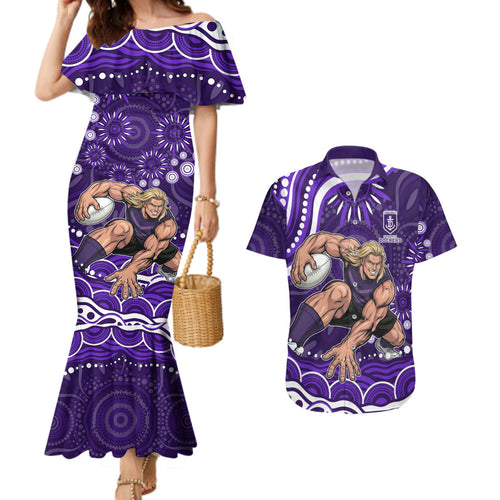 Personalized Fremantle Dockers Rugby Couples Matching Mermaid Dress and Hawaiian Shirt Aboriginal Dot Art - Dreamtime Football Mascot