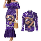 Personalized Fremantle Dockers Rugby Couples Matching Mermaid Dress and Long Sleeve Button Shirt Aboriginal Dot Art - Dreamtime Football Mascot