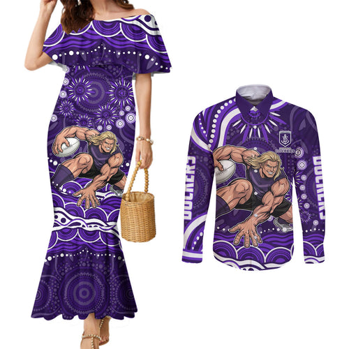 Personalized Fremantle Dockers Rugby Couples Matching Mermaid Dress and Long Sleeve Button Shirt Aboriginal Dot Art - Dreamtime Football Mascot