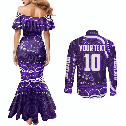 Personalized Fremantle Dockers Rugby Couples Matching Mermaid Dress and Long Sleeve Button Shirt Aboriginal Dot Art - Dreamtime Football Mascot