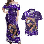 Personalized Fremantle Dockers Rugby Couples Matching Off Shoulder Maxi Dress and Hawaiian Shirt Aboriginal Dot Art - Dreamtime Football Mascot