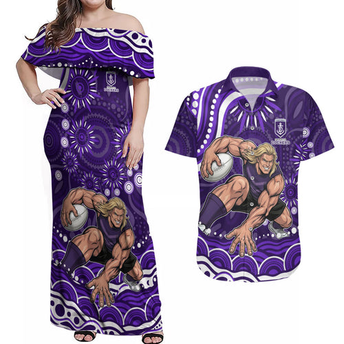 Personalized Fremantle Dockers Rugby Couples Matching Off Shoulder Maxi Dress and Hawaiian Shirt Aboriginal Dot Art - Dreamtime Football Mascot