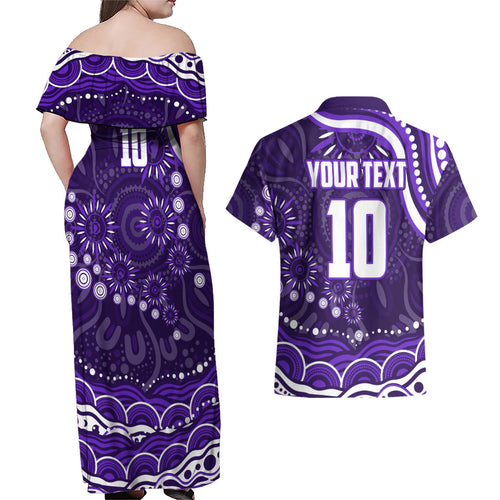 Personalized Fremantle Dockers Rugby Couples Matching Off Shoulder Maxi Dress and Hawaiian Shirt Aboriginal Dot Art - Dreamtime Football Mascot