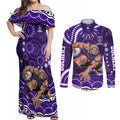 Personalized Fremantle Dockers Rugby Couples Matching Off Shoulder Maxi Dress and Long Sleeve Button Shirt Aboriginal Dot Art - Dreamtime Football Mascot