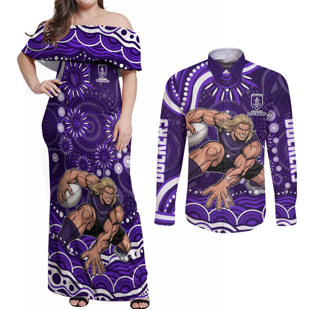 Personalized Fremantle Dockers Rugby Couples Matching Off Shoulder Maxi Dress and Long Sleeve Button Shirt Aboriginal Dot Art - Dreamtime Football Mascot