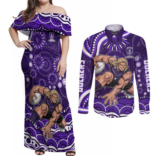 Personalized Fremantle Dockers Rugby Couples Matching Off Shoulder Maxi Dress and Long Sleeve Button Shirt Aboriginal Dot Art - Dreamtime Football Mascot