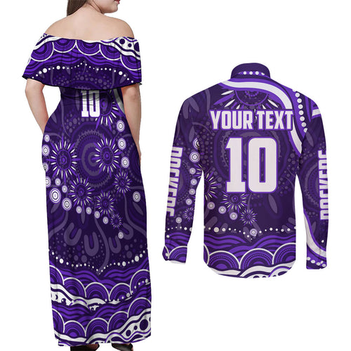 Personalized Fremantle Dockers Rugby Couples Matching Off Shoulder Maxi Dress and Long Sleeve Button Shirt Aboriginal Dot Art - Dreamtime Football Mascot