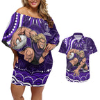 Personalized Fremantle Dockers Rugby Couples Matching Off Shoulder Short Dress and Hawaiian Shirt Aboriginal Dot Art - Dreamtime Football Mascot