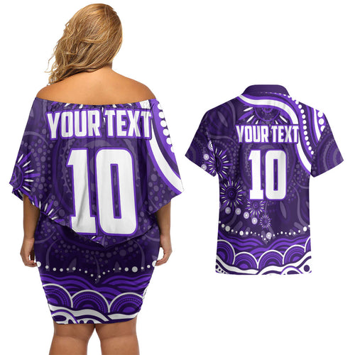 Personalized Fremantle Dockers Rugby Couples Matching Off Shoulder Short Dress and Hawaiian Shirt Aboriginal Dot Art - Dreamtime Football Mascot