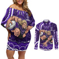 Personalized Fremantle Dockers Rugby Couples Matching Off Shoulder Short Dress and Long Sleeve Button Shirt Aboriginal Dot Art - Dreamtime Football Mascot