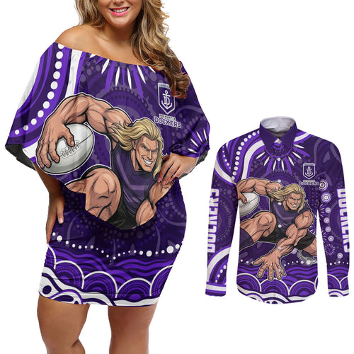 Personalized Fremantle Dockers Rugby Couples Matching Off Shoulder Short Dress and Long Sleeve Button Shirt Aboriginal Dot Art - Dreamtime Football Mascot