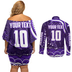 Personalized Fremantle Dockers Rugby Couples Matching Off Shoulder Short Dress and Long Sleeve Button Shirt Aboriginal Dot Art - Dreamtime Football Mascot